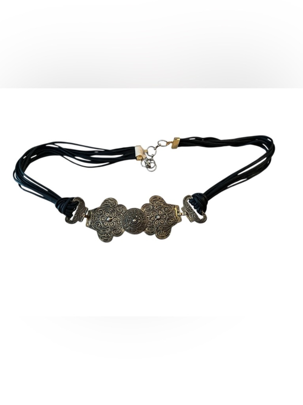 Vintage Belt Ornate Metal Medallion Buckle Waxed Cord Boho Lagenlook Black